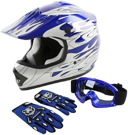 DOT Youth Kids Motocross Offroad Street Dirt Bike Helmet Youth Motorcycle ATV Helmet with Goggles Gloves Blue Flame S