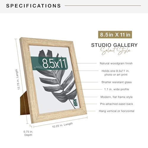 MCS Studio Gallery 8.5x11 Picture Frame Natural Woodgrain, Rectangle Photo Frame for Photos, Posters & Art Prints & Easel for Tapletop Display (1-Pack)