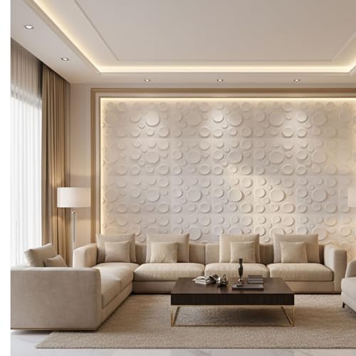 Image of Kayra Decor 3D PVC Wall Panels Moon Design - White Color | 19.7 inch x 19.7 inch (Pack of 12) - Covers 32.28 Sq. Ft | Premium Home & Office Wall Decoration