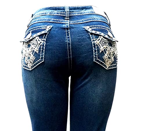 La Idol Jack David U-Cute Rose 2 Rhinestone Studded Medium & Dark Wash Denim Bootcut Flap Pocket Jeans #TOP5