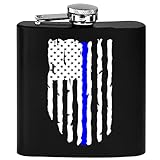 Flachmann aus Edelstahl, Motiv: Polizistin mit blauer Flagge, Premium, mattschwarz, ein tolles Geschenk für ihn, Vater, PD, Polizeiabteilung