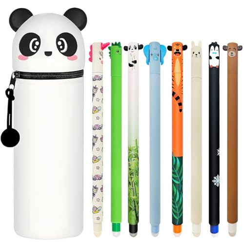 GDFJBG Estuche Escolar Kawaii 2 en 1 de Silicona Blanda -Tema Panda + Juego de 4 Bolígrafos de Gel Borrables con Tinta de Borrado Termosensible, Tinta de Color y Gama, Punta de 0,7 mm