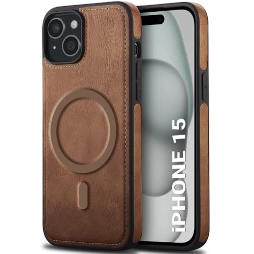 Image of TheGiftKart Genuine Leather Finish Back Cover Case for iPhone 15 | Shockproof Design | Raised Edges for Camera & Screen Protection | Stunning Minimalist Design Case Cover (MagSafe Compatible, Brown)