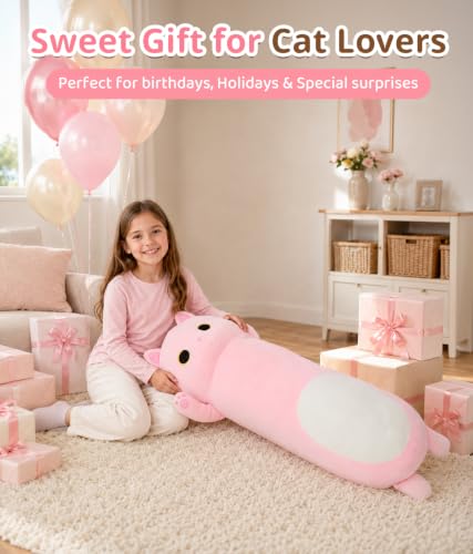 Image of MaoGoLan Long Cat Body Pillow for Kids, 44'' Big Kitten Plush, Pink