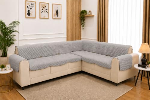 Image of 7 Seater L-Shape Sofa Cover with Arm Covers, Quilted Texture, Sectional Couch Protector for Living Room-Pack of 15 (Light Grey)