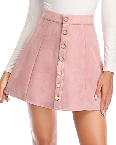 Fuinloth Women's Faux Suede Skirt Button Closure A-Line High Wasit Mini Short Skirt 2021 Pink Large (US 12-14)
