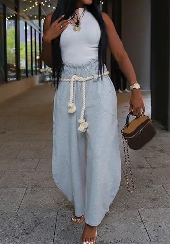 YOOTIKO Womens Straight Wide Leg Pants Barrel Sweatpants Hemp Rope Elastic High Waist Baggy Trousers4