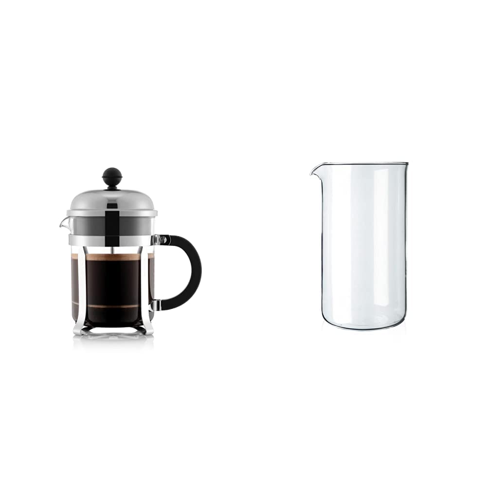 Bodum - 1924-16 - CHAMBORD - Cafetière à Piston - 4 Tasses - 0.5 L & 1508-10 Remplacement de la presse Française Gobelet en Verre de 8 Tasses, Transparent, 1 L - 9,6 cm de Diamètre, H 18 cm
