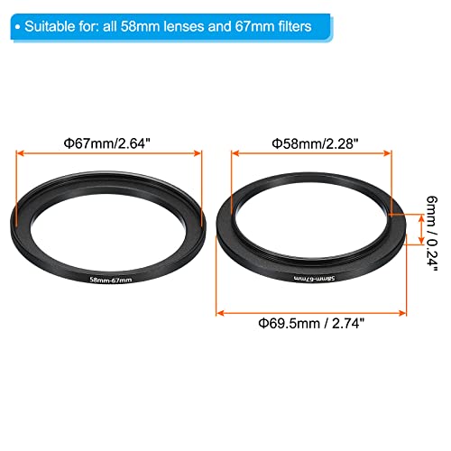 Image of PATIKIL 58mm-67mm Metal Step Up Ring, 2 Pack Camera Lens Filter Adapter Ring Aluminum Filter Adapter Ring for Camera Lenses Hood, Black