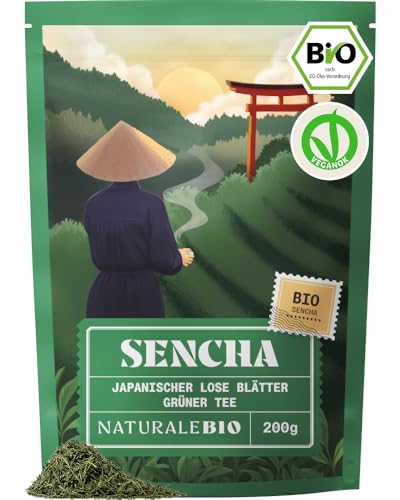 NaturaleBio Japanischer Sencha Tee – 200 g Bio Grüntee – 100% Reiner und natürlicher grüner japanischer Grüntee - Lose in Blättern der ersten Ernte – Bioprodukt angebaut in Japan