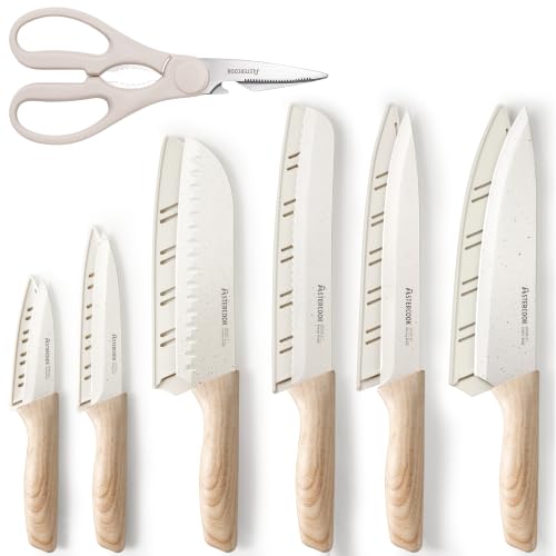 Image of Astercook Knife Set, 13 Pieces Kitchen Knives Set with Ceramic Coating, Stainless Steel Chef Knife Sets with 6 Blade Guards, Dishwasher Safe Knives with Wood Grain Handle, Elegant White