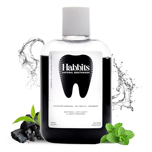 Image of Habbits Charcoal Mouthwash - 250ml | Teeth Whitening & Stain Remover Mouth Wash Liquid | Oral Care, Sensitivity Relief, Fresh Breath, Anti-Cavity & Gum Protection | Alcohol-Free | n-HAP & Spearmint
