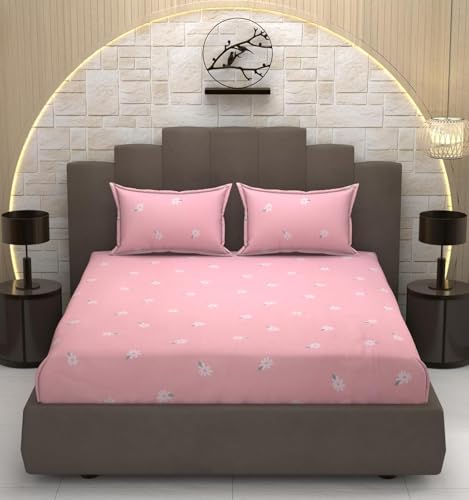 Image of Premium Cotton Elastic Fitted Bedsheet for Double Bed with 2 King Size Pillow Covers | 180-200 TC Supersoft Fabric | All-Around Elastic Size 72 x 78 Inch | Pink