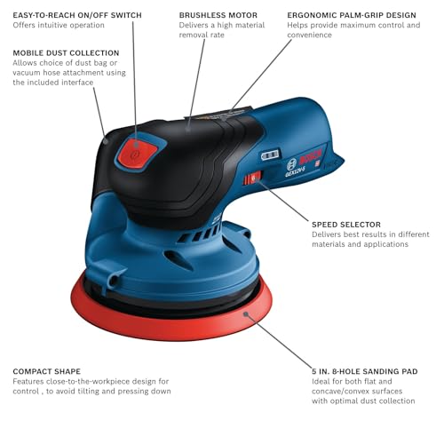 BOSCH GEX12V-5N 12V Max Brushless 5" Random Orbit Sander - Ergonomic Palm Grip, Dust Collection System, Speed Selector, Soft-Start Technology (Bare Tool) - Image 3