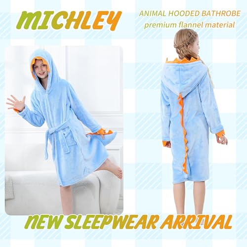 Image of MICHLEY Unisex Boys Girls Hooded Bathrobe Soft Fuzzy Toddler Cartoon Robe Animal Plush Sleepwear for Kids 3-13 Years