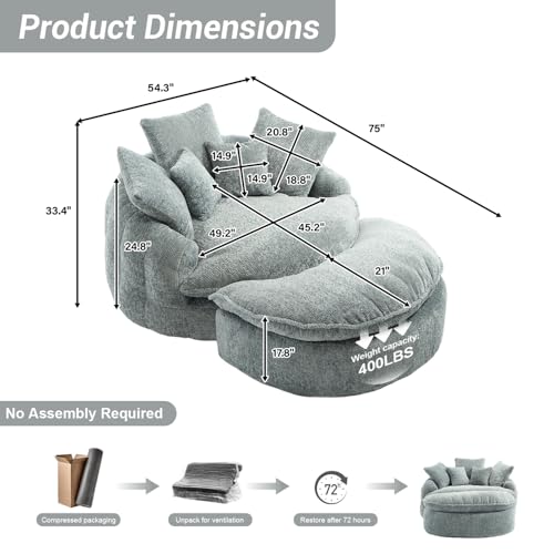 Image of 54 inch Round Chaise Lounge with Ottoman Big Bean Bag Round Sofa Bed Oversized Round Couch Boneless Reading Chair Comfy Plush Chenille Large Chaise Chair for Living Room, Apartment, Blue Gray