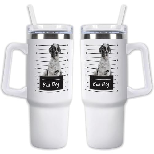 GABSHAIM Custom White Tumbler Double-Layer Insulation Dog Travel Mug with Handle & Straw Lid Double Sided Printed Travel Coffee Cup Shih Tzu Pattern Design 40 oz Style1