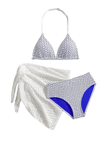Image of SOLY HUX Girl's Summer Swimsuit Set Floral Halter Triangle Bikini Set with Wrap Skirts Beachwear