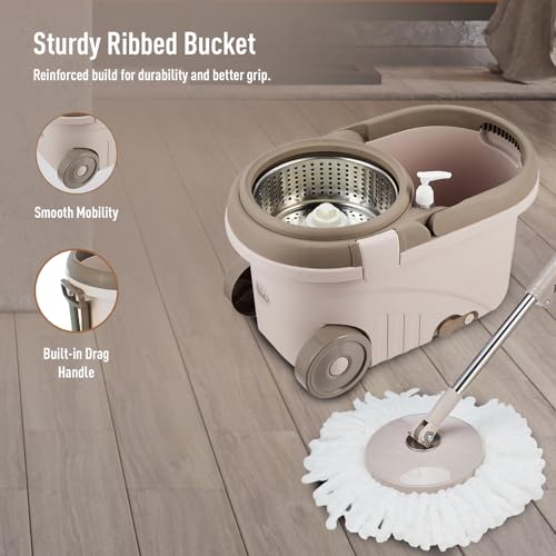 Image of Amazon Brand - Presto! Clean Steel Spin Mop | Plastic & Stainless Steel | 2 Microfiber Refills | Big Wheels with Drag Handle | 360 Spin | Telescopic Handle | Chestnut