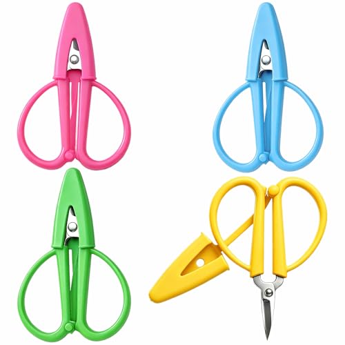 4 Pack Mini Scissors Small Sharp All Purpose Scissors with Protective Cover Tiny Detail Scissors for Travel Crafts Sewing Embroidery DIY (4 Colors)