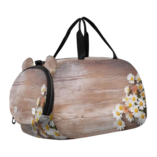 YETTASBIN Sport Travel Duffel Bag for Girls Boys, Daisy Flower Wood Large Waterproof Weekender Overnight Bag, Detachable Shoulder Strap Gym Bag with Shoe Compartment & Wet Pocket
