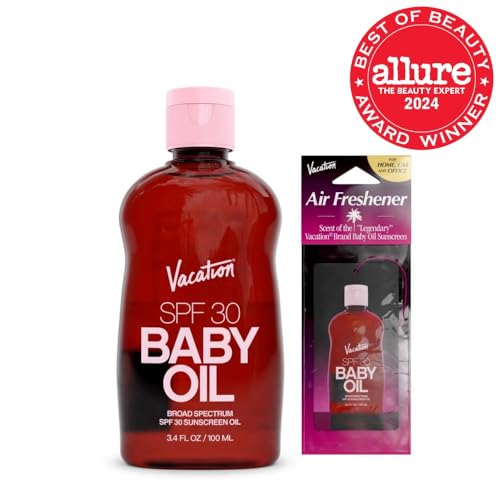 Image of Vacation Baby Oil SPF 30 Sunscreen Oil and Air Freshener Bundle, 3.4 Fluid Ounces - Hydrating, Lightweight, Body Sunscreen, Transparent on All Skin Tones, Water-Resistant, Vegan