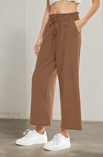 Image of LNX Womens Linen Capri Pants Wide Leg High Waisted Drawstring Casual Cropped Pants with Pockets