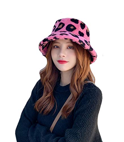 Doladola Bucket Hat für den Winter Damen Vintage Kunstpelz Hüte Mode Leopard Fischerhüte (Rose) Cover