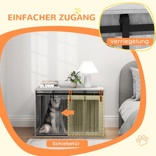 PawHut Hundekäfig 98 cm Hundebox für Zuhause mit Abschließbar Schiebetüren Moderne Metall Indoor Hundehütte für große Hunde Hundehaus 98 x 58 x 61 cm Grau