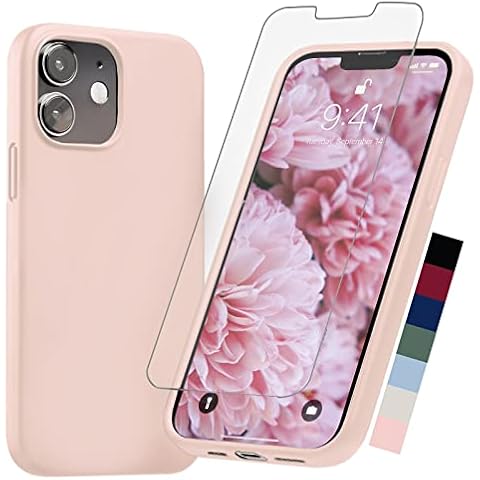AloCase Compatible with iPhone 12 Mini Case Pink Silicone with Screen Protector [6ft Drop Tested] Slim Protective Phone Cover w/Microfiber Lining for Women & Men Cover