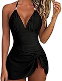 SUUKSESS Womens One Piece Swimdresses Skirt Tummy Control Swimsuits V Neck Gold Metal Tie Knot Bathing Suit 2025(Black,L)