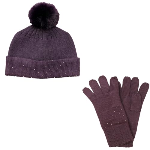 Bonnet et gants d'hiver violet pour femme avec pompon taille unique