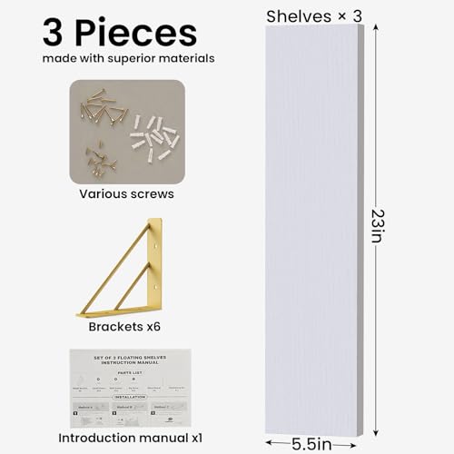 Image of BAYKA Wall Shelves for Bedroom Decor, Floating Shelves for Living Room Kitchen Storage, Wall Mounted Rustic Wood Shelves for Kids Books,Corner Shelves for Bathroom(White and Gold，23in，Set of 3)