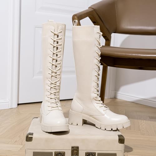 Image of Vepose Women's 953 Knee High Combat Boots Chunky Platform Heel, Lace Up Gothic Punk Work Boots for Dresses and Jeans