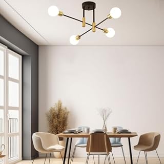 Modern Sputnik Chandelier - Industrial Semi Flush Mount Ceiling Light Fixtures Vintage Black Gold Pendant Lighting (Black, 4-Light)