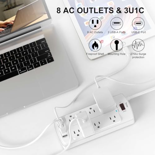 Image of Surge Protector Power Strip, Yintar 10 Feet Flat Plug Extension Cord with 8 AC Outlets and 4 USB Ports, 2700 Joules, ETL Listed, White