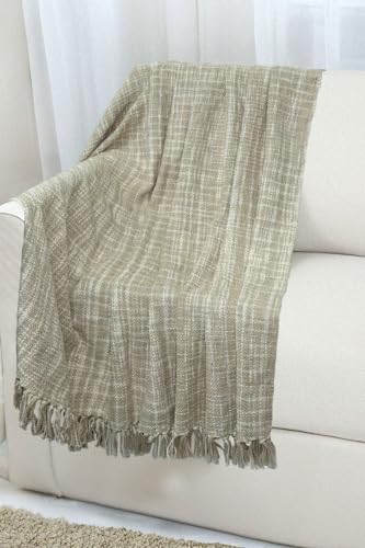 Image of HAKAM Cotton Throw Blanket with Macrame Tassels for 3 Seater Sofa | Ideal for Your Home, Living Room, Sofa, Bed, Chair, Picnic & Used for Gift - 50X70 inch (Beige, Small Single)