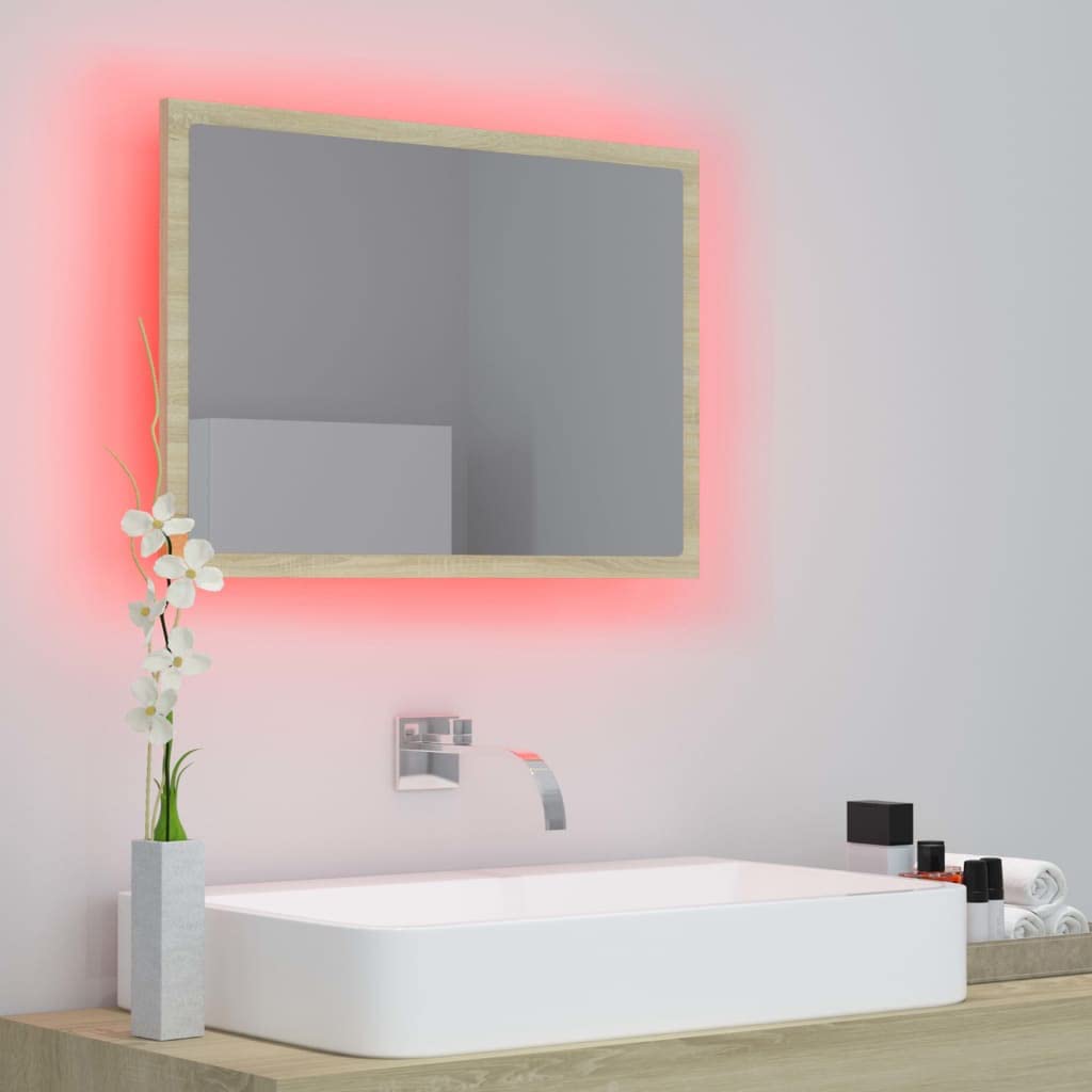 Lustro łazienkowe LED, dąb Sonoma, 60 x 8,5 x 37 cm, akryl z lampą RGB, montaż ścienny do umywalki i umywalki, mebel łazienkowy akcent do łazienki WC, wiszące lub poziome