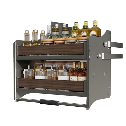 XLTFUC 2 Tier Pull Down Shelves Cabinet Organizer Blind Pull Out Cutlery and Spice Rack System Interior Space Saver Board for Kitchen Appliance Lift Upper Cabinet(46x26x53cm)