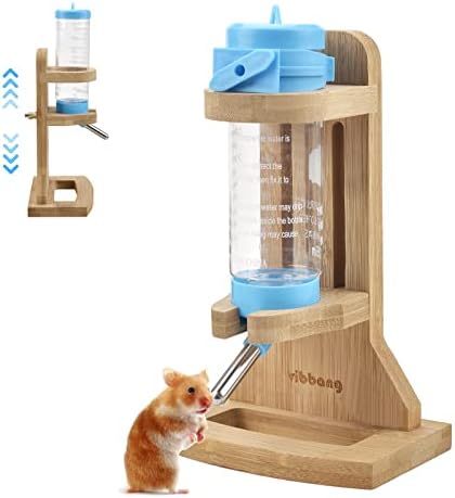 Vibbang Hamster Water Bottle with Stand Adjustable Wooden Small Animal Hanging Water Auto Dispenser Stand No Drip Feeder for Guinea Pig, Mice, Chinchillas Rat Hamster Gerbil Gerbils Degus (125ML)