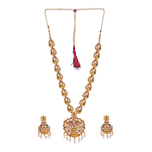 Estele Gold Plated Spiritual Blessings Lakshmi Ji Nakshi Temple Set with Colored Stones & Pearls for Women (B099ZHWFW8) Amazon Price History, Amazon Price Tracker