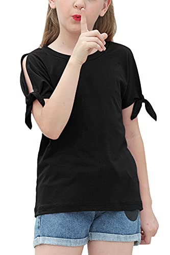 Image of GORLYA Girls Slit Sleeve Tie Knot Cuff Knit Tunic Top 4-14Y | Seamless knit, cold shoulder slit sleeves with tie-knot cuffs, solid & stripe options, ideal for school and casual outings.