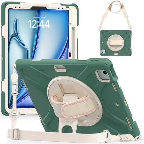 Coque silicone iPad Air 13" M2 2024 antichoc avec porte-stylo et sangle verte pour enfant