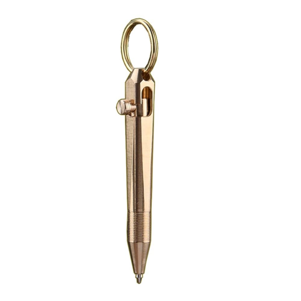Mini Quick Release Ballpoint Pen, Replaceable EDC Black Ink Pens By Bolt Action, Brass Compact Pocket Pen with Keychain on Top for Office Working