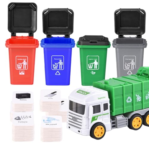 Lawnrden Juguete para camión de Basura, Juego de clasificación, Juguetes para camión de Basura con 4 Botes de con Cargador Trasero y Tarjetas Flash ilustradas de, Reciclaje de gestión de residuo
