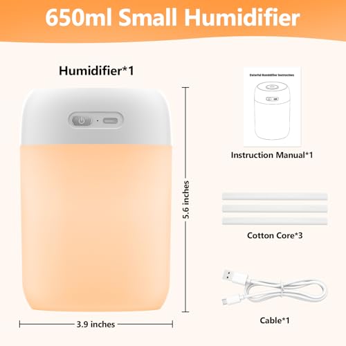 Image of Portable Mini Humidifier, 650ml, Colorful LED Light & Warm Light, Cool Mist, USB, Personal Mini Humidifier for Desktop, Bedroom, Office, Home, Travel, Plants (White)