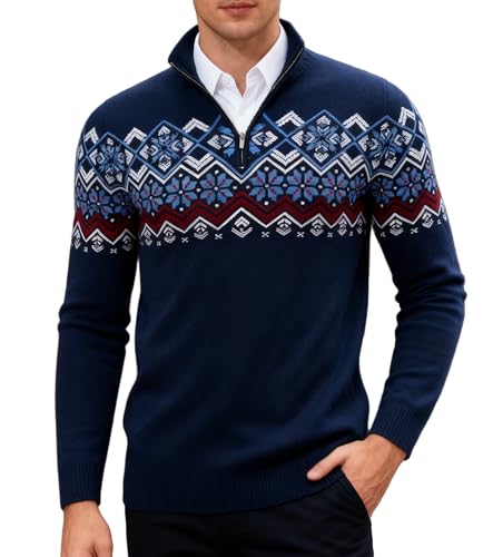 Rave on Friday Men's Half Zip Jumpers Fairisle Knitted Sweater Winter Warm Norwegian Jumpers Long Sleeve Retro Slim Fit Pullover Icelandic Jumper Navy Blue L