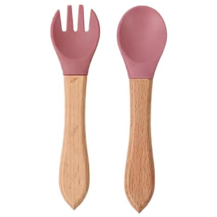 Nicety Silicone Baby Feeding Spoon & Fork, BPA Free Toddler Soft Silicone Wooden Handle Spoon Fork Set 6+ Month (2 Pc)