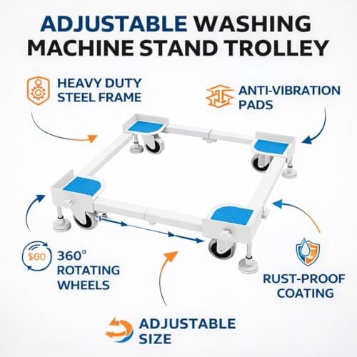 Image of Smart Shelter Washing Machine Stand with Wheels & Green Anti Vibration Pads Adjustable Metal Stand for All Semi or Front or Top Load Washing Machine (Anti Vibration Pads White-Green 170 KG)