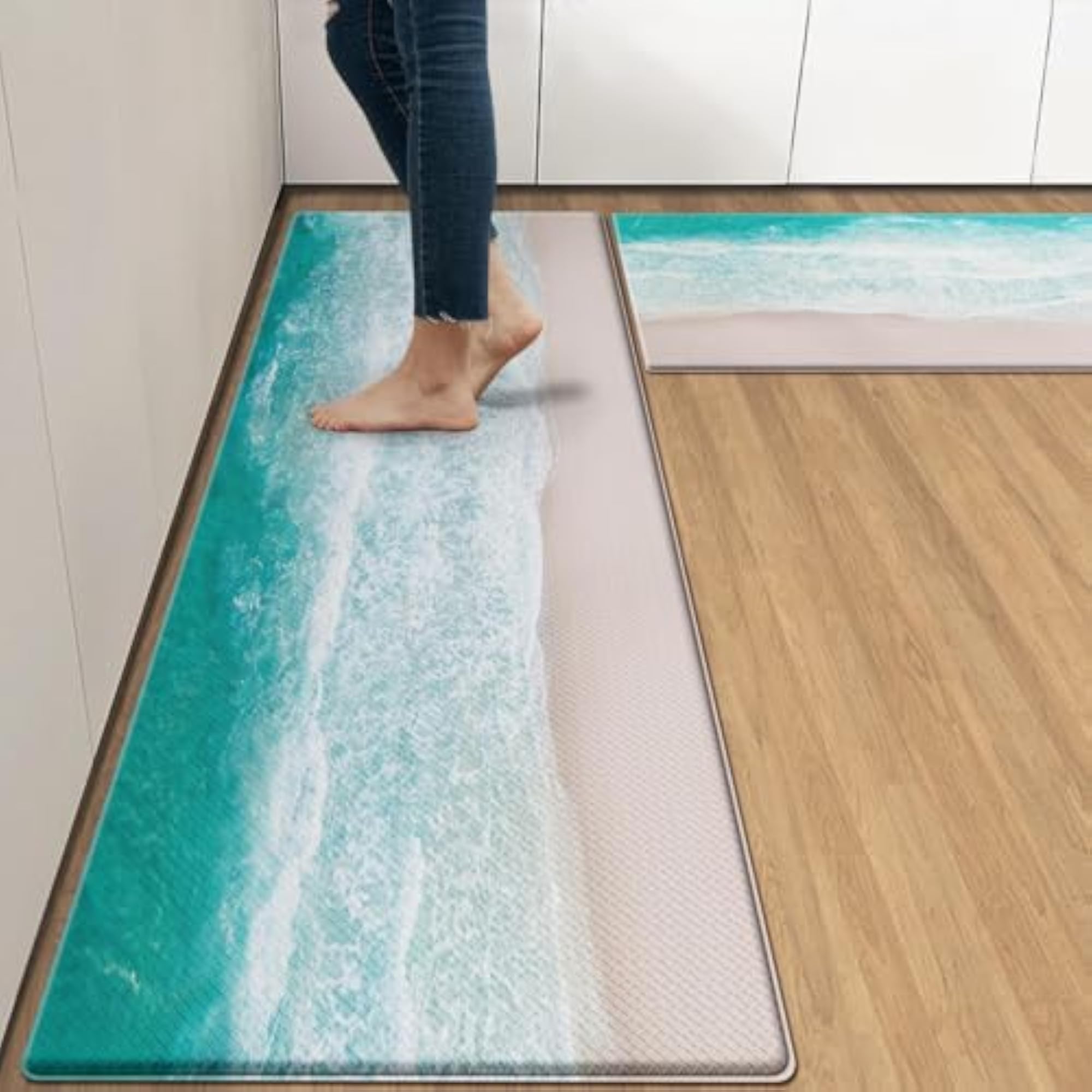 Summer Beach Kitchen Rug Set of 2, Blue Teal